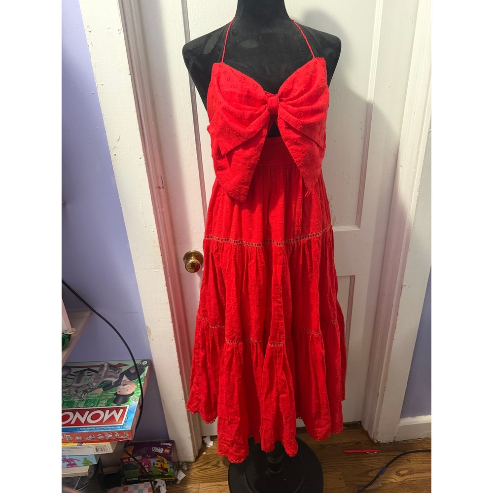 Girl Tribe Co The Catherine Maxi Dress Red Swiss Dot Bow Tiered Smocked Medium
